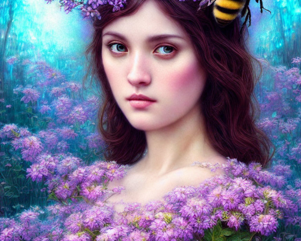 Young woman with floral headpiece and purple flowers, mystical and natural ambiance