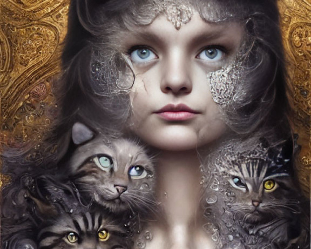 Fantastical portrait of woman with cats and gold-silver patterns