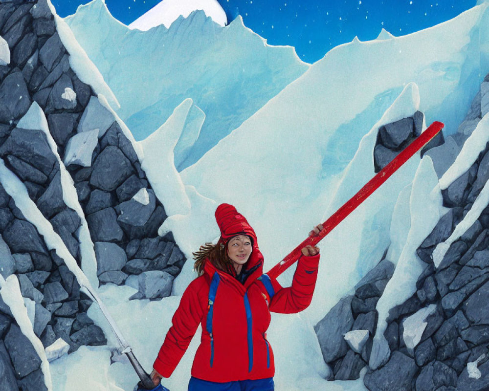Person in Red Jacket Holding Shovel on Snowy Mountain Path