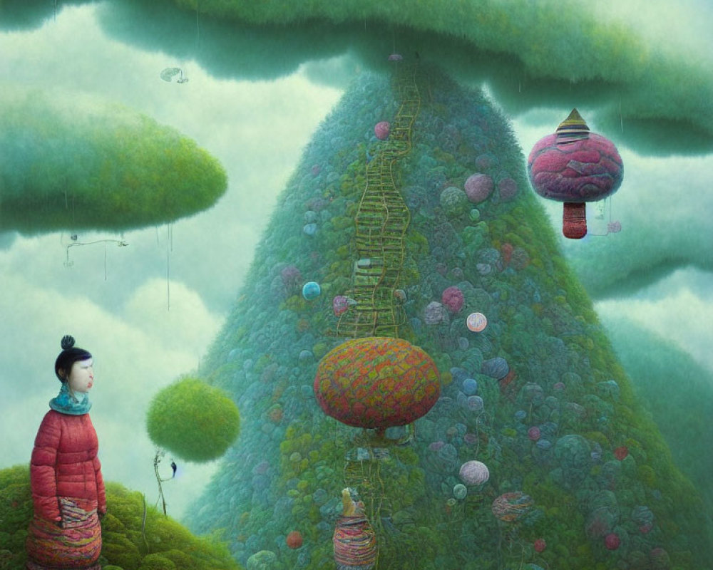 Surreal landscape with traditional dressed figure and floating islands