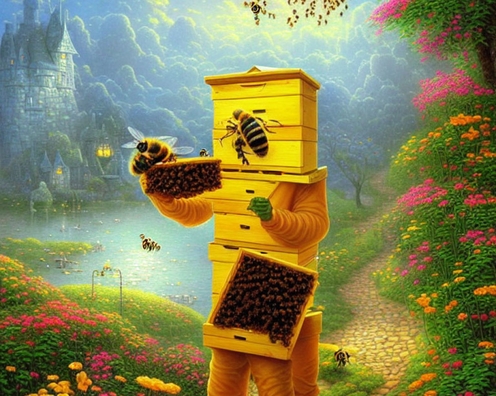 Fantastical oversized bees with a beekeeper in flower-filled landscape