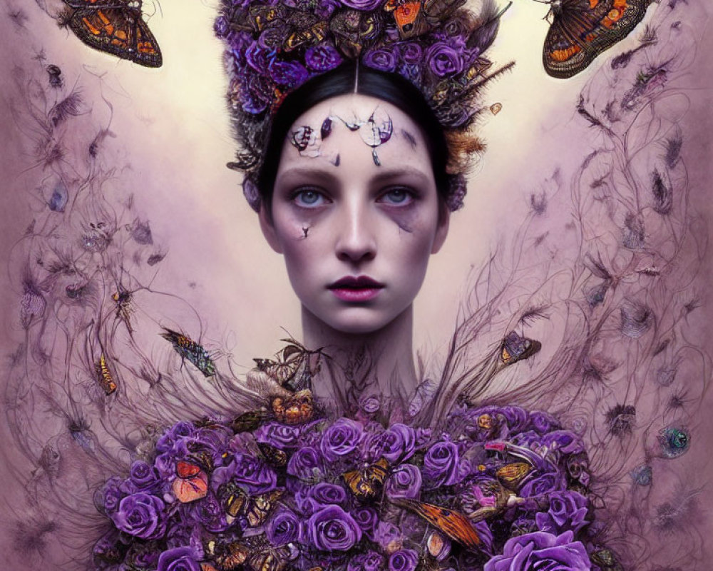 Surreal portrait of woman with purple flowers and butterflies