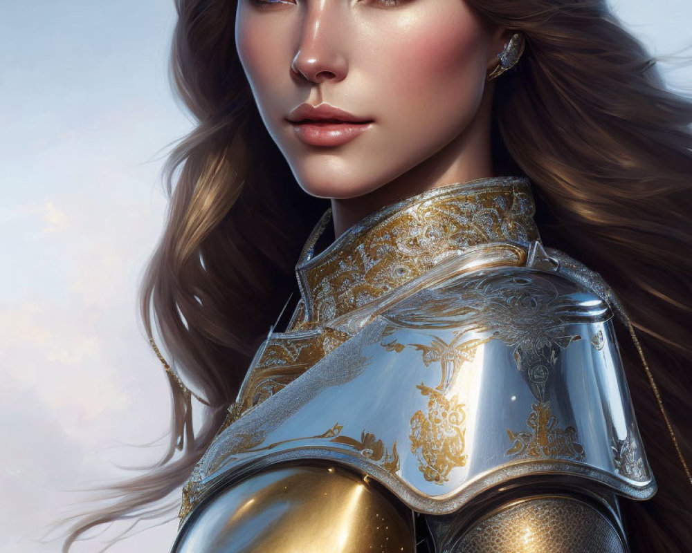 Digital art portrait of a woman with long brown hair, blue eyes, gold tiara, silver and