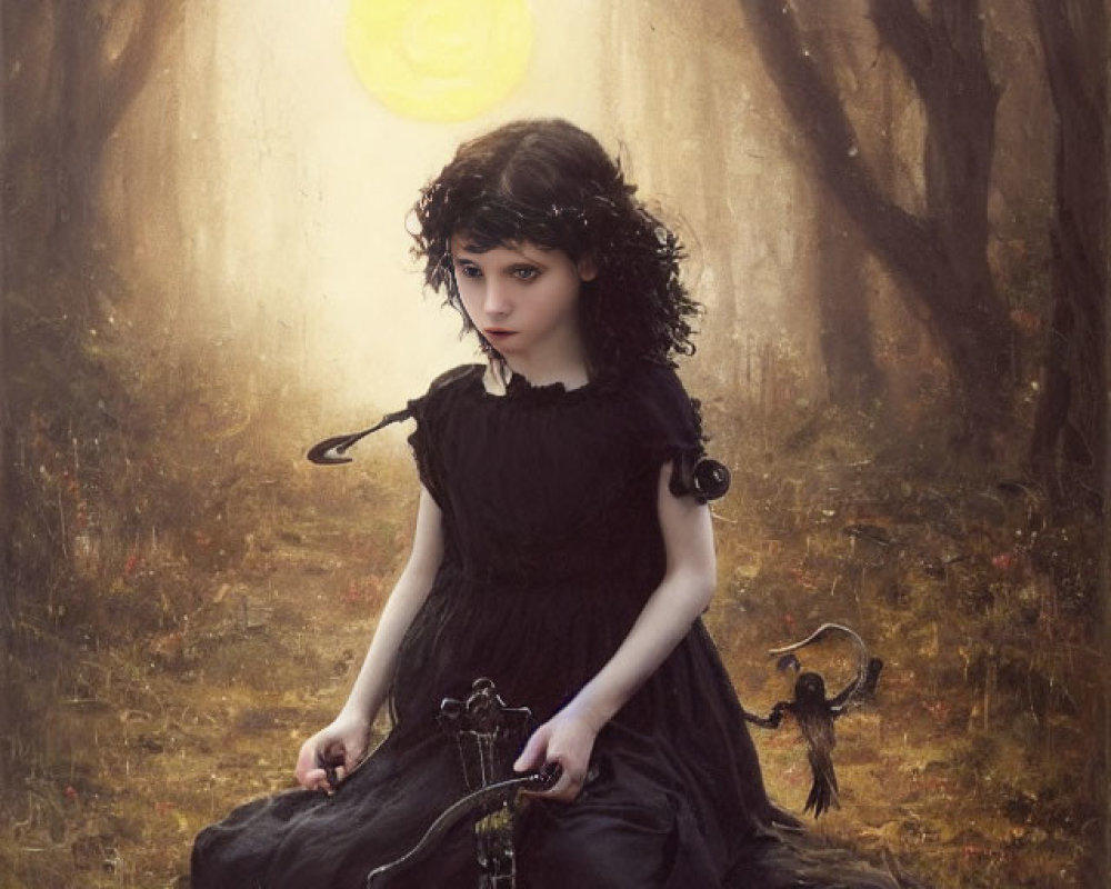 Young girl in black dress chained in mystical forest with crow and vintage lanterns under glowing sun