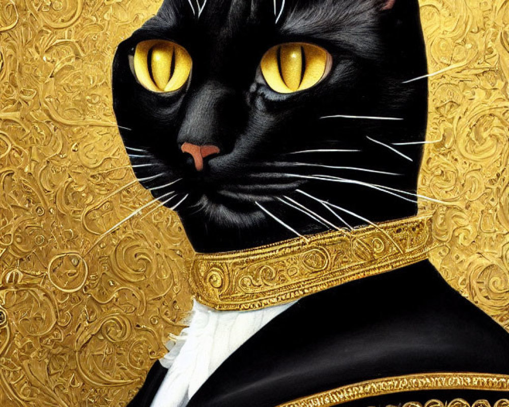 Black cat with human-like eyes in formal outfit on gold-embossed background