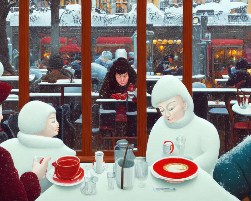 Patrons dining in cozy cafe with snowy street view and person peering through window