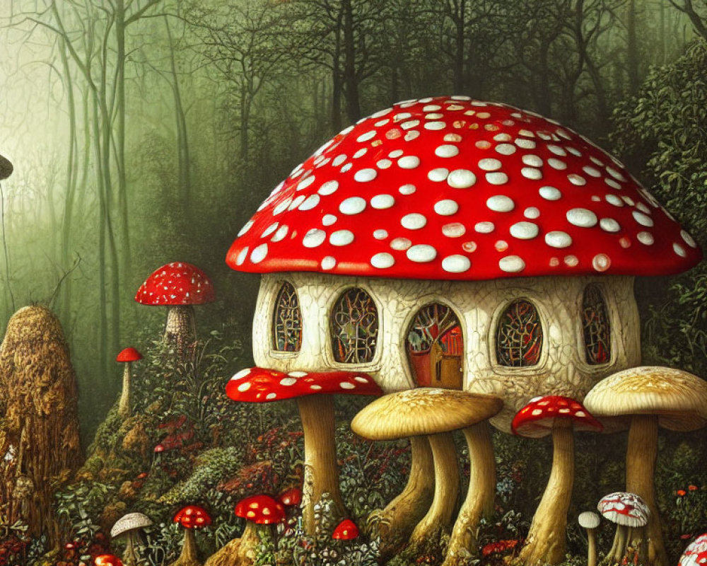 Whimsical red-and-white mushroom house in enchanted forest