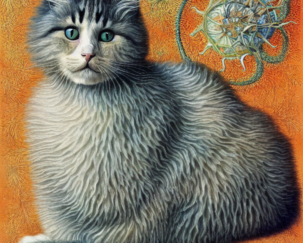 Fluffy Gray and White Cat with Green Eyes on Orange Background