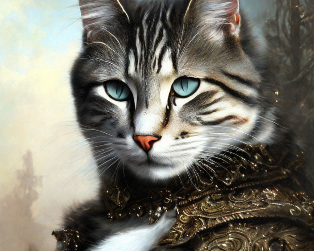 Blue-eyed cat in grey striped coat with golden-trimmed black military jacket