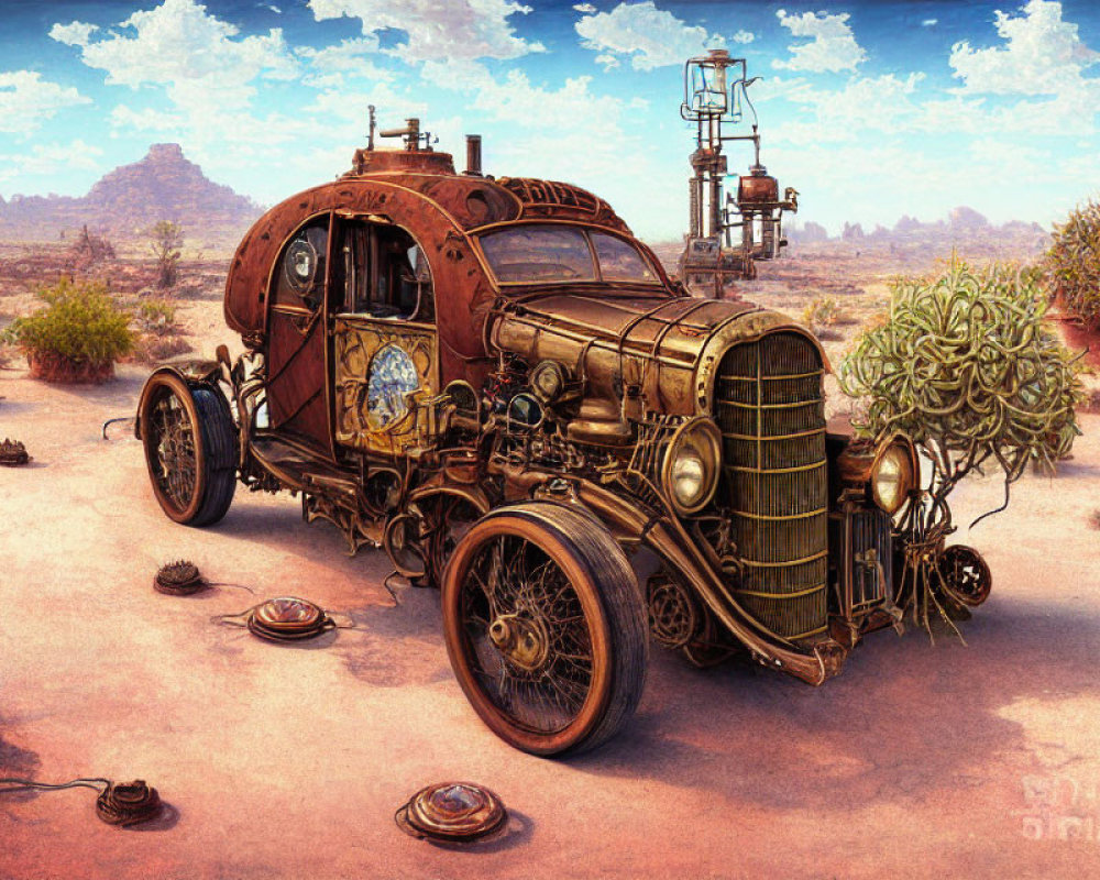 Retro-futuristic steampunk vehicle in desert landscape