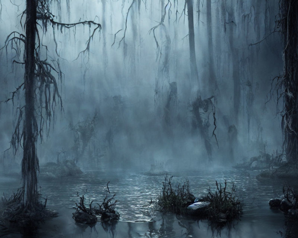 Eerie swamp landscape with fog, bare trees, and hanging moss