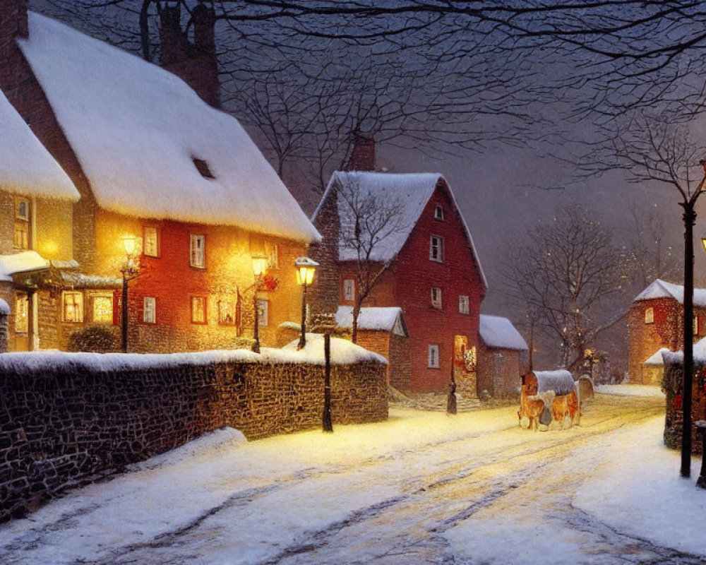 Snow-covered village street at dusk with glowing lights, street lamps, and horse-drawn carriage