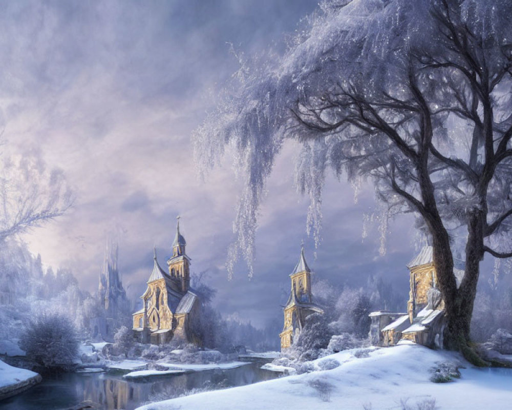 Snowy landscape with golden-roofed churches, frozen river, and frost-covered trees