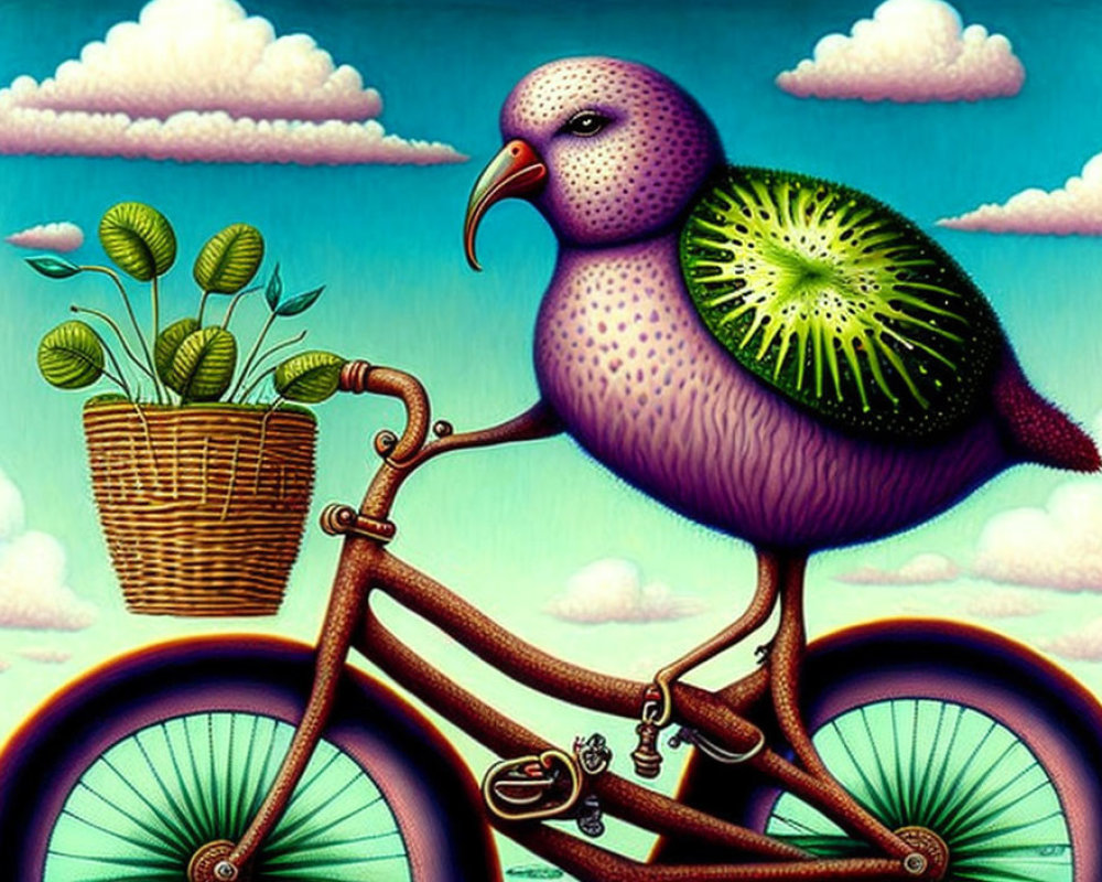 Colorful Illustration: Purple Bird with Kiwi Fruit Torso Riding Bicycle