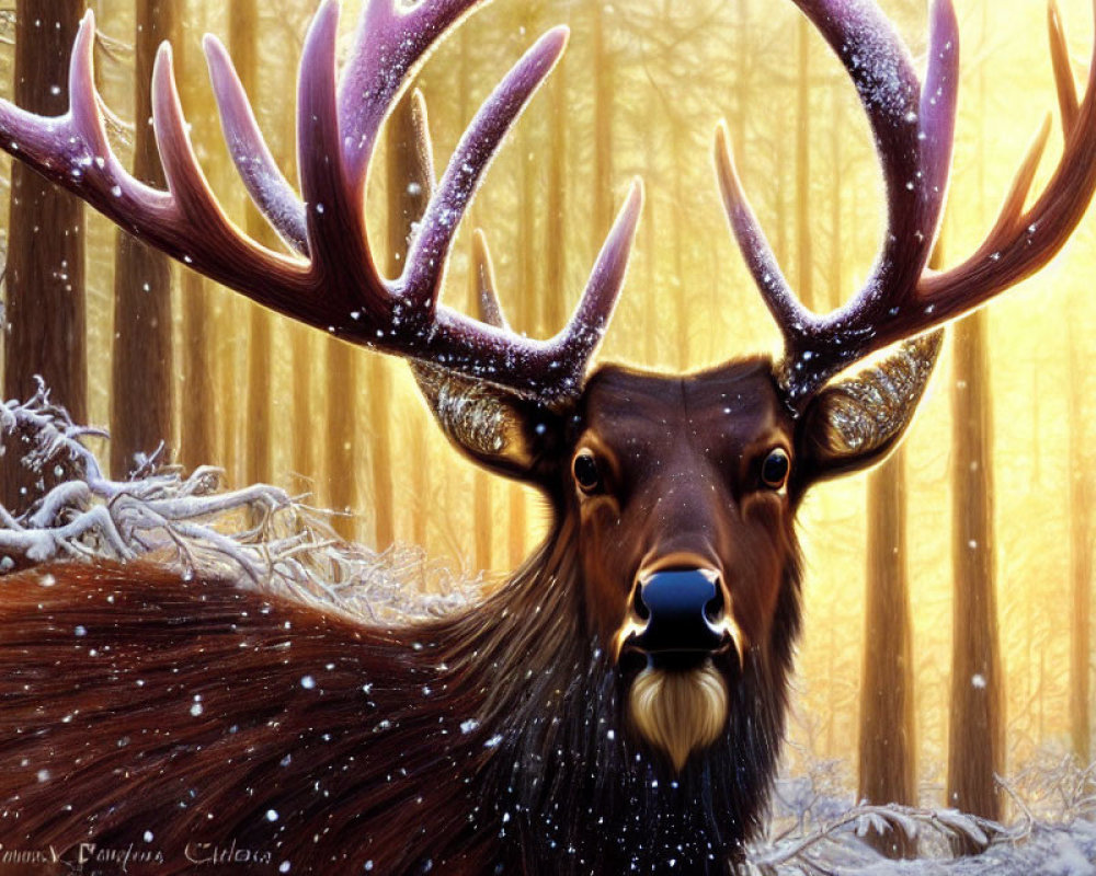 Majestic stag with large antlers in snowy forest glade