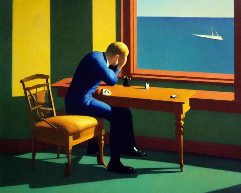 Person in blue at table with sea view and sailboat in sunny room