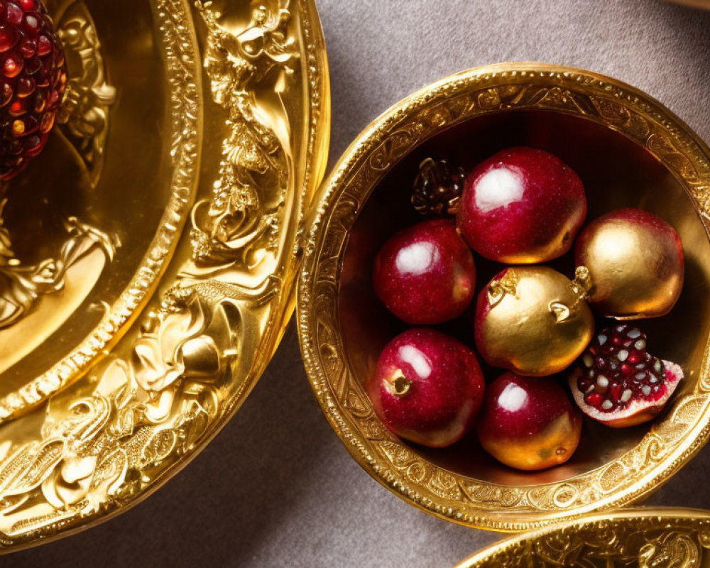 Golden dish with pomegranates and balls on neutral surface