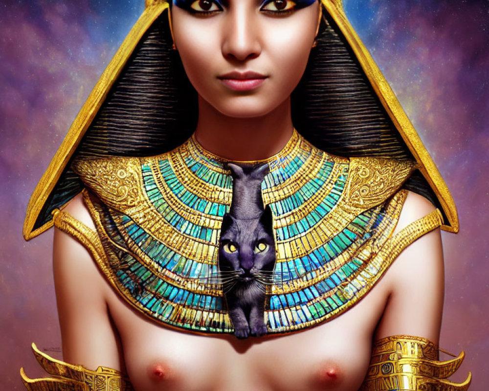 Digital Artwork: Woman as Egyptian Goddess with Headpiece, Colorful Collar, and Black Cat