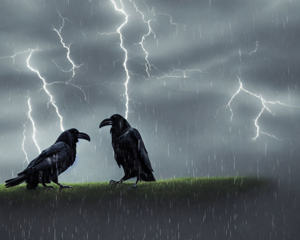 Two ravens on grassy hill under lightning storm.