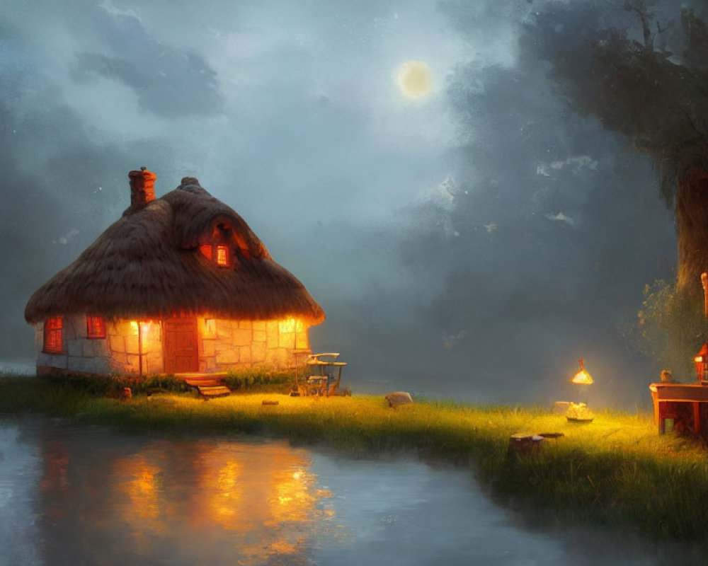 Thatched-Roof Cottage by Moonlit Pond with Lantern and Bench