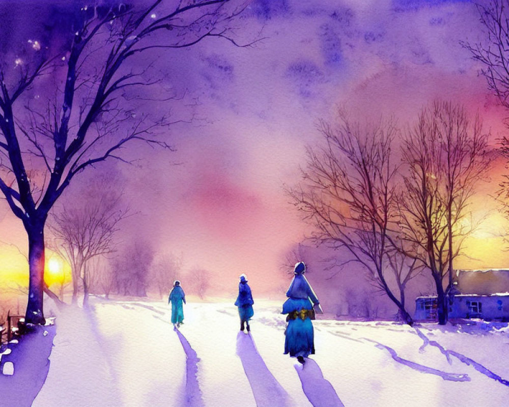 Three People Walking on Snow-Covered Path at Twilight