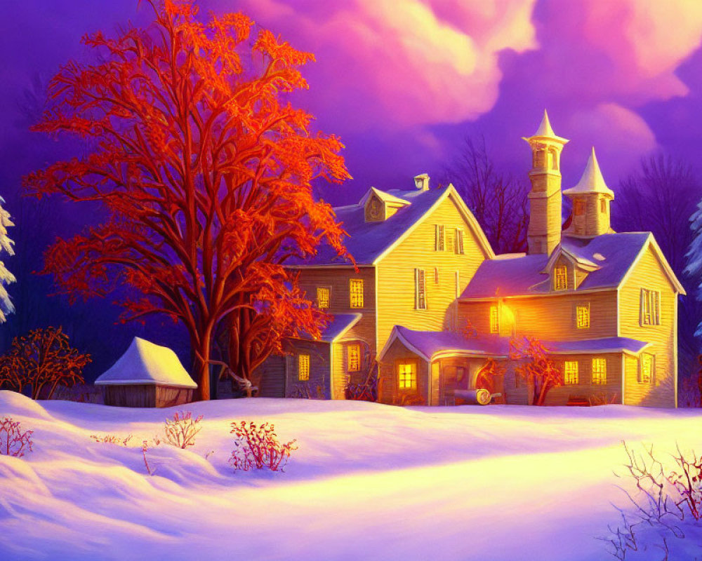 Illustration of Warm Glowing House in Snowy Twilight Landscape