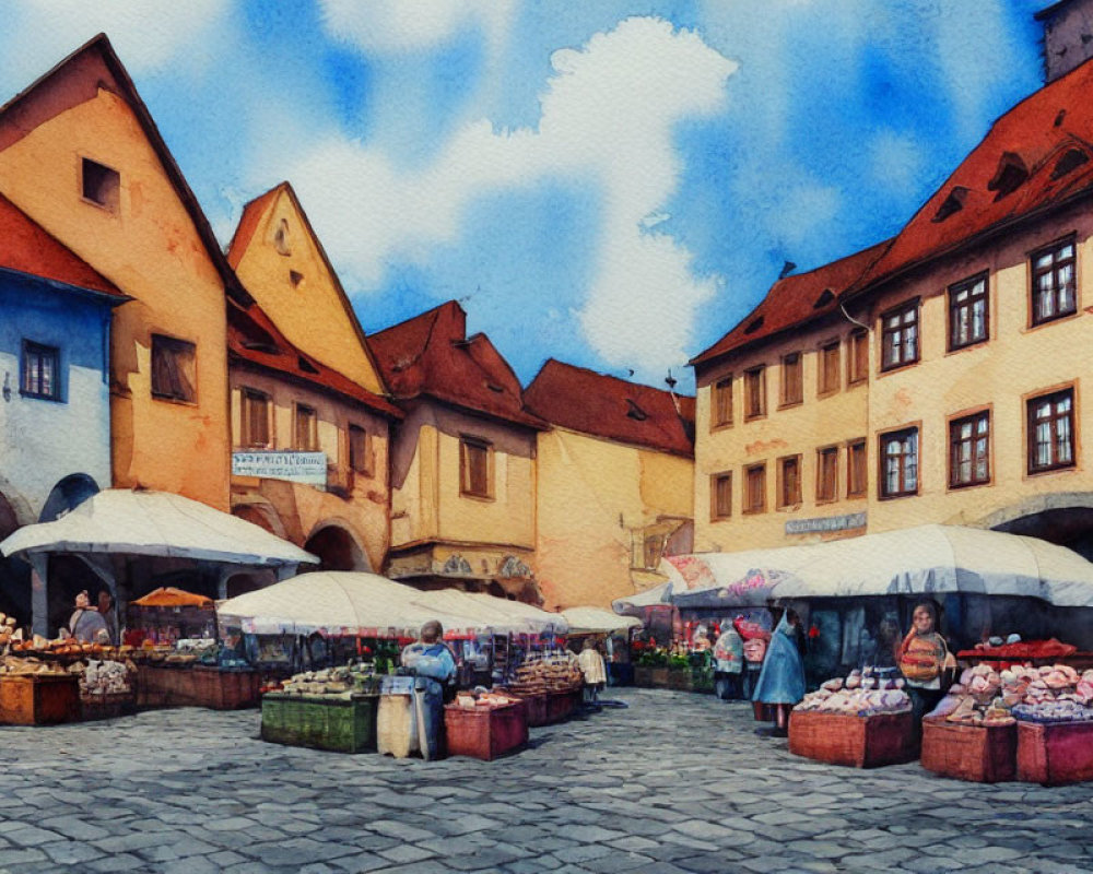 Colorful Watercolor Painting of Lively Market Square