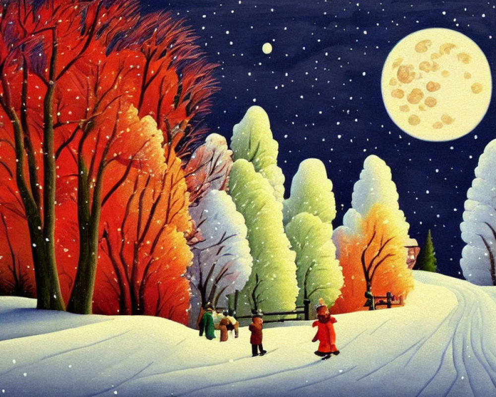 Vibrant winter scene: people walking on snowy path under full moon