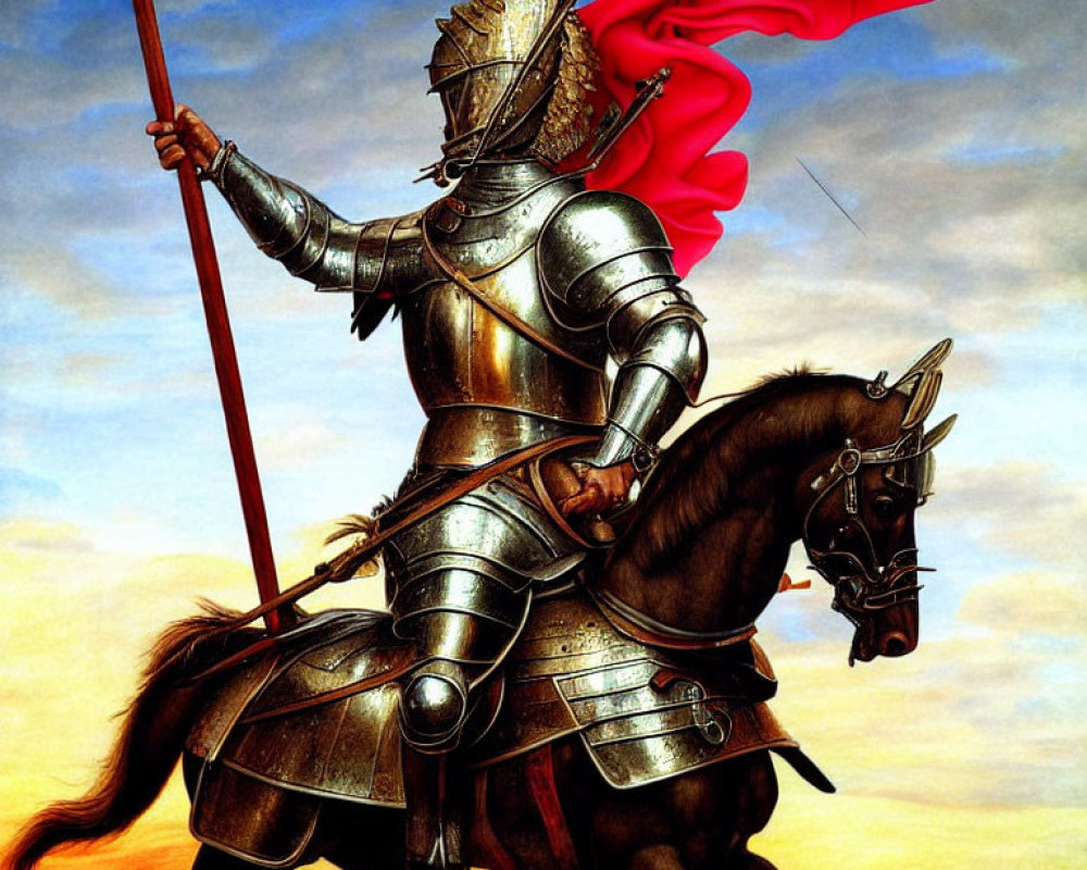 Medieval knight in shining armor on black horse with spear and red plume against blue sky