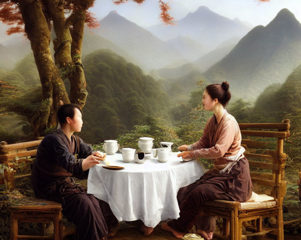 Two people in traditional attire sharing tea outdoors with mountain backdrop