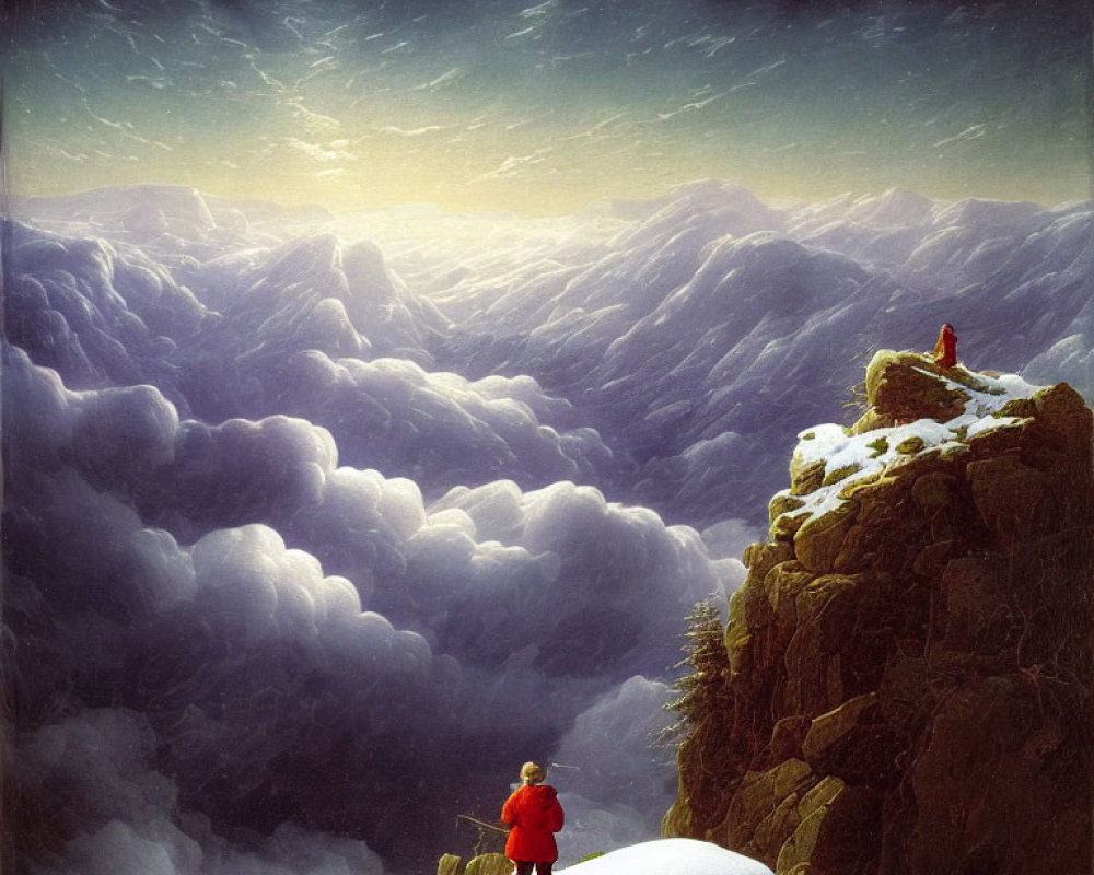 Person in red coat on snowy mountain peak with dramatic sky