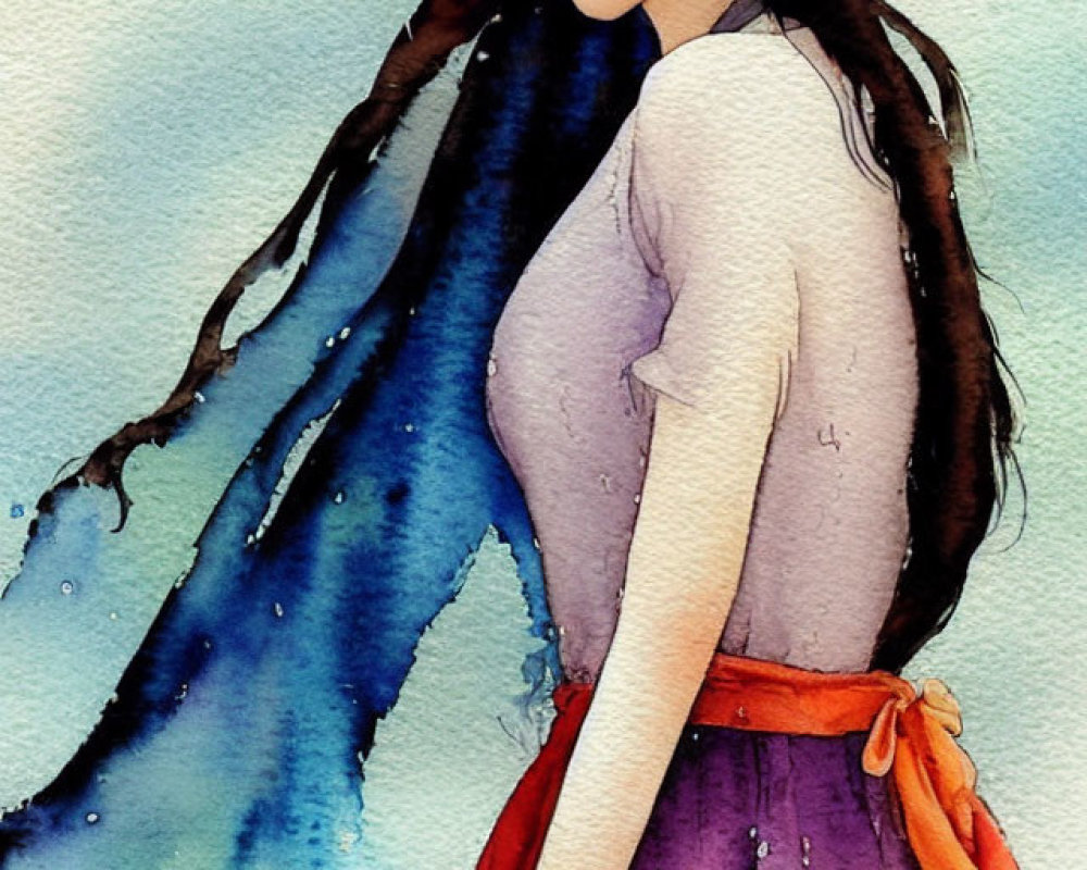 Watercolor illustration of woman with floral crown and purple dress on blue backdrop