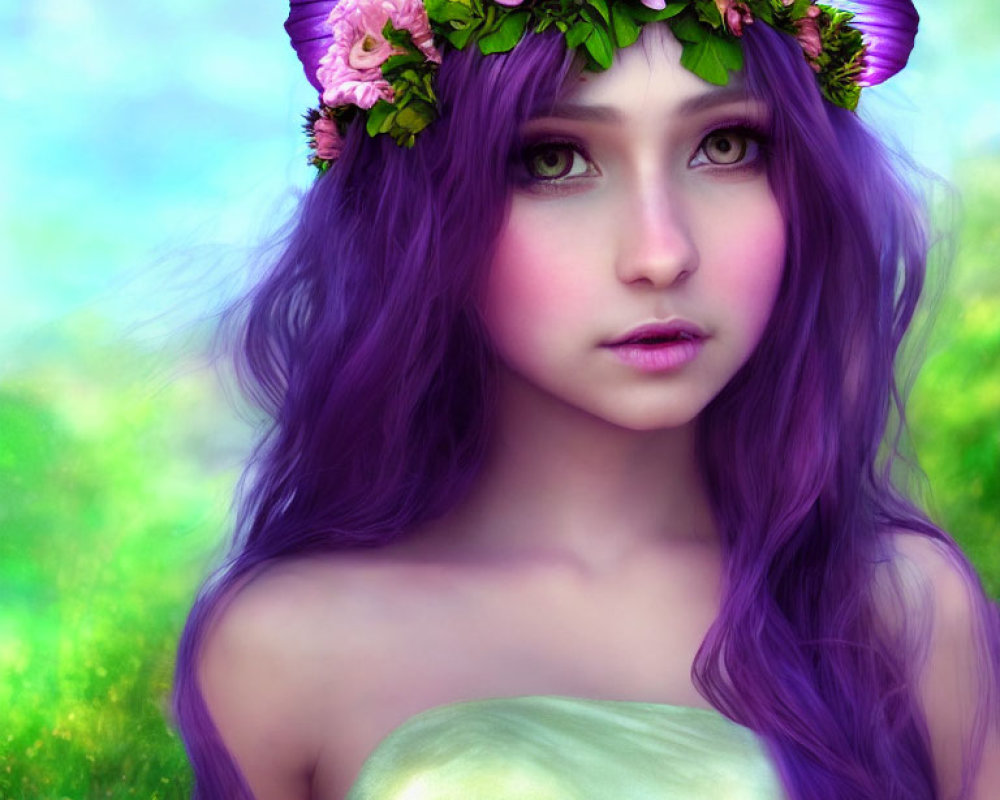 Illustration of mystical female with purple hair, butterfly wings, and flower crown in woodland.