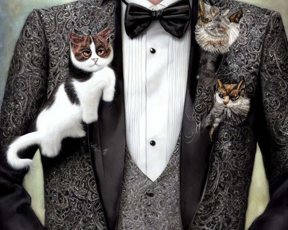 Anthropomorphic cat in patterned suit with bow tie and two kittens on shoulders