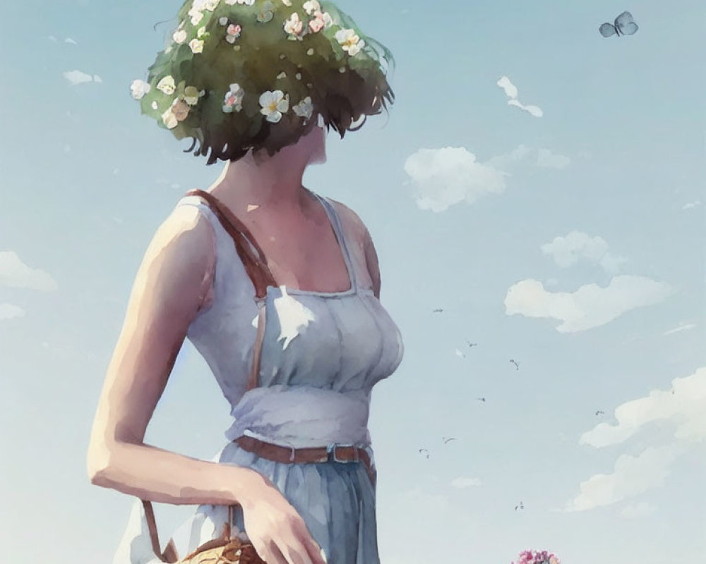 Woman in white dress with floral wreath holding basket and flowers under cloudy sky