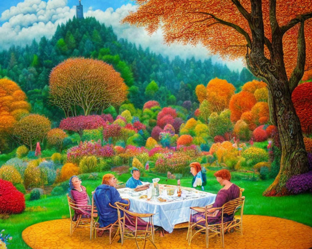 Colorful garden scene with outdoor dining and castle backdrop