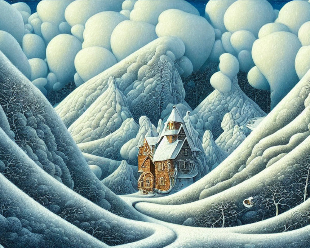 Snowy hills, cozy cottage, and surreal clouds in serene winter landscape