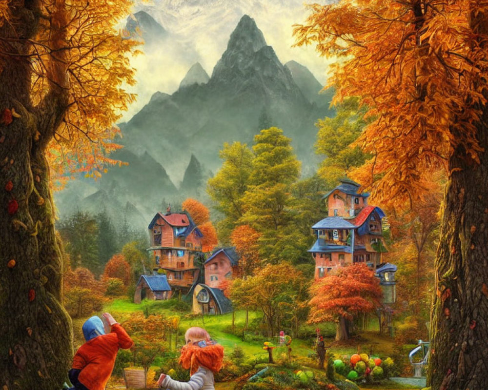 Autumnal forest village with vibrant foliage and playing children.