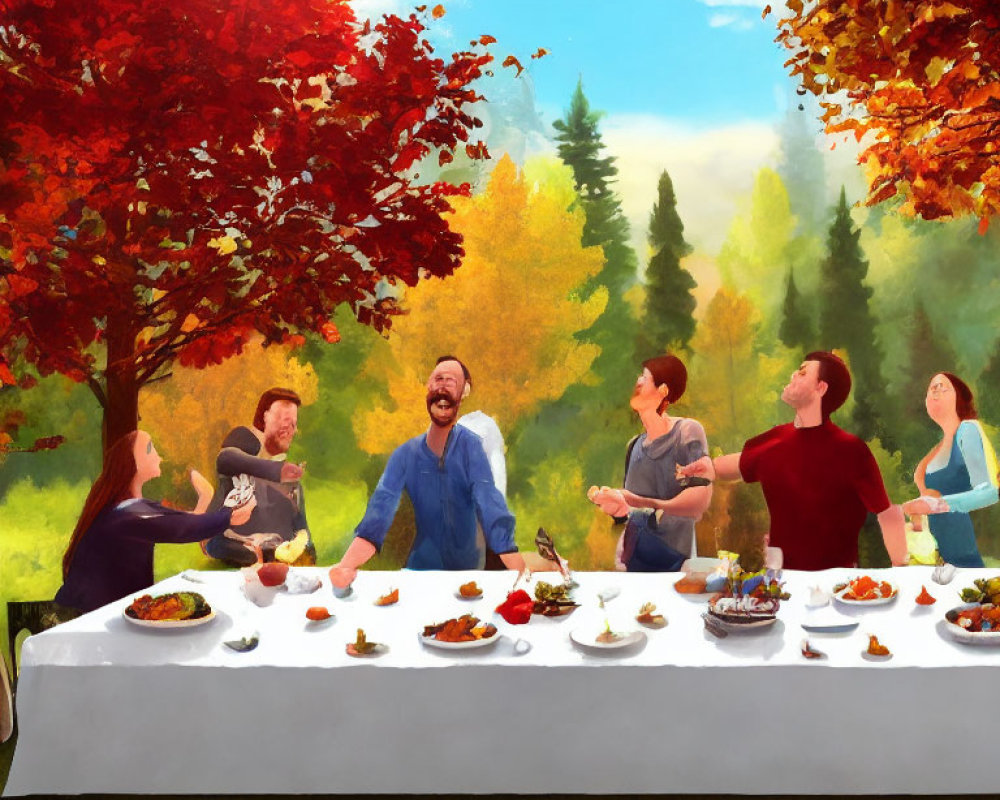 Outdoor Dining Gathering Amid Autumn Trees and Clear Sky