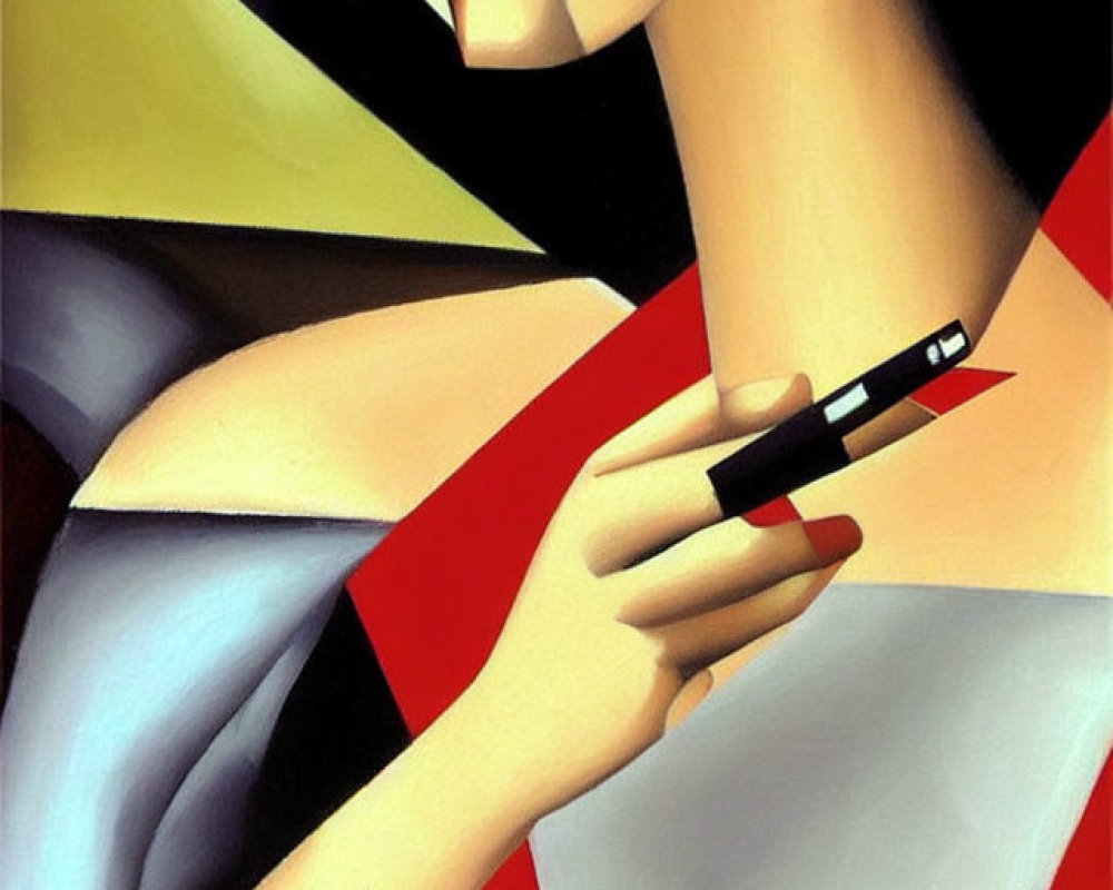 Abstract artwork of woman with cigarette and lipstick in bold colors.