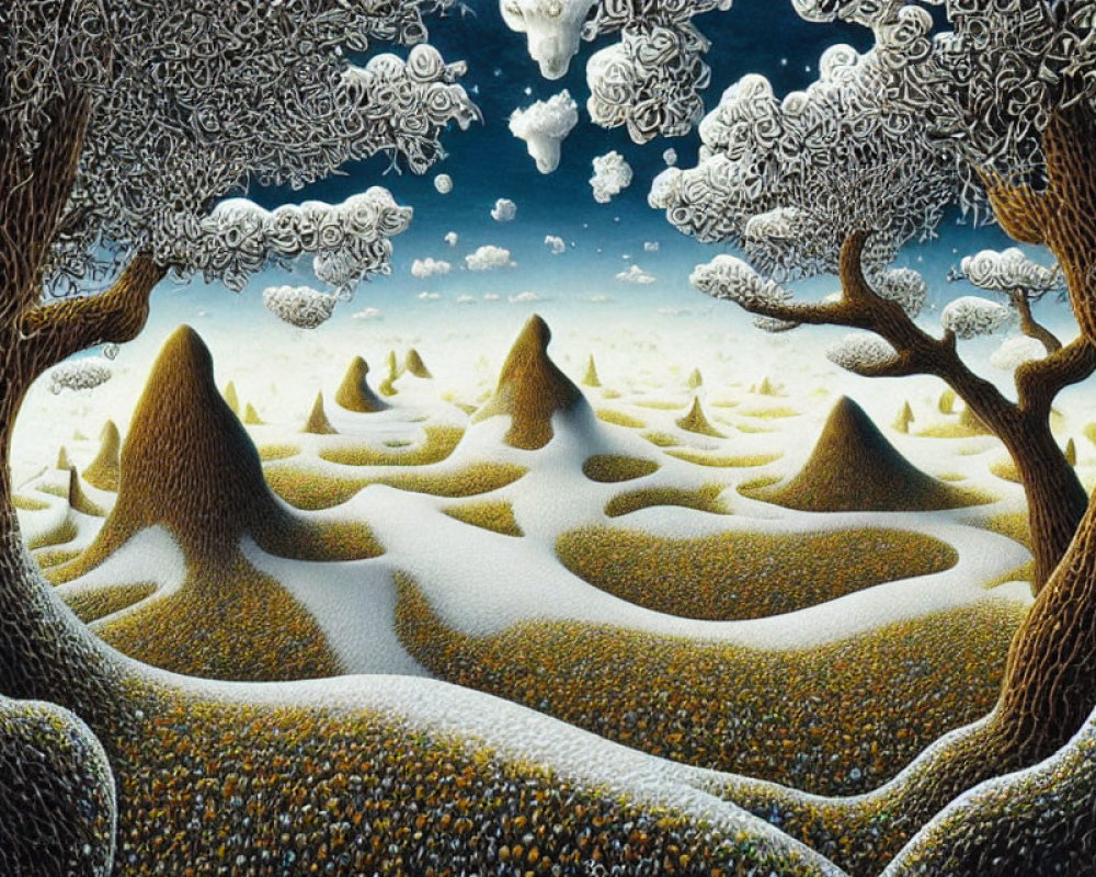 Surreal Winter Landscape with Snow-Covered Hills and Twisted Trees