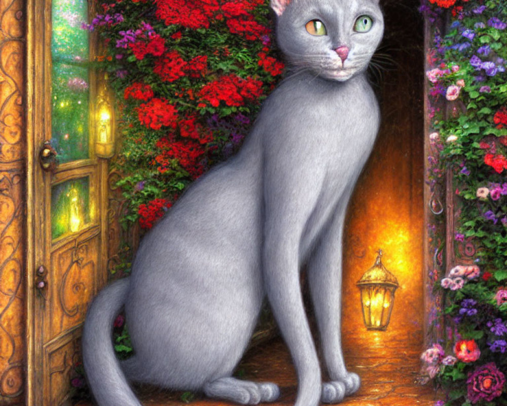 Illustrated grey cat near wooden door with red and purple flowers and glowing lantern