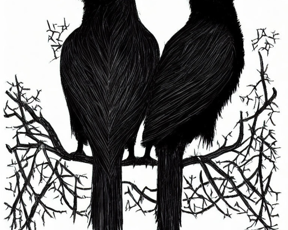 Two Black Ravens Perched on Bare Branch with Intricate Twig Details