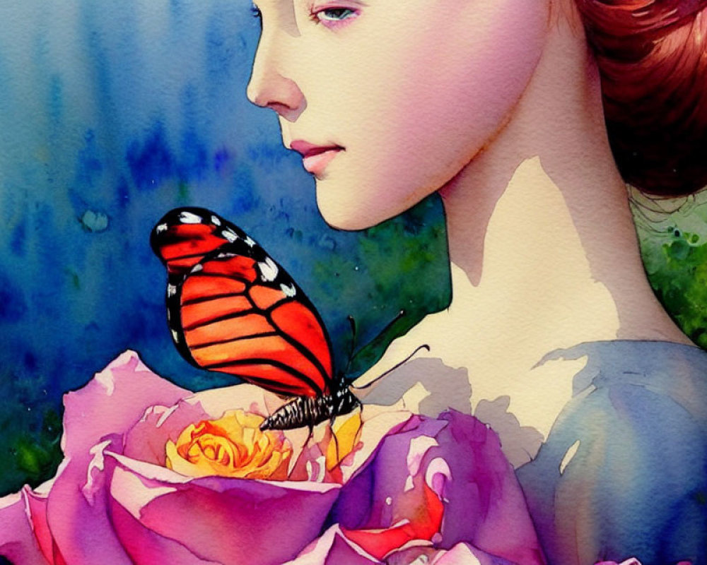 Vibrant watercolor side profile of woman with butterfly on pink rose