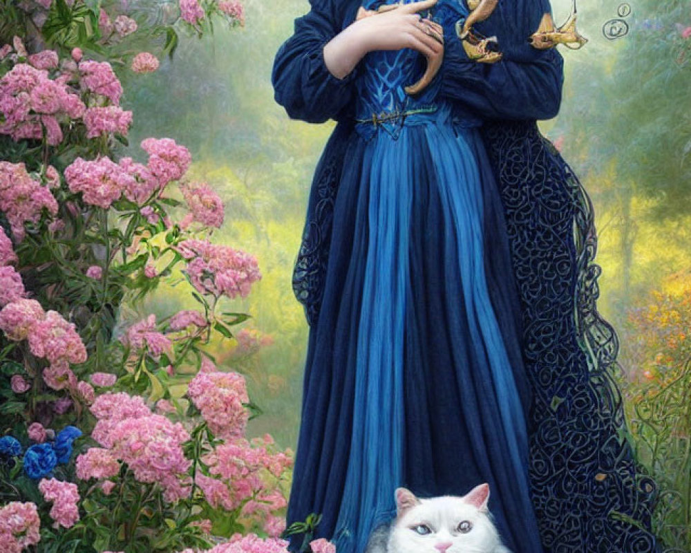 Young girl in vintage blue dress with white cat, surrounded by flowers and birds in surreal setting