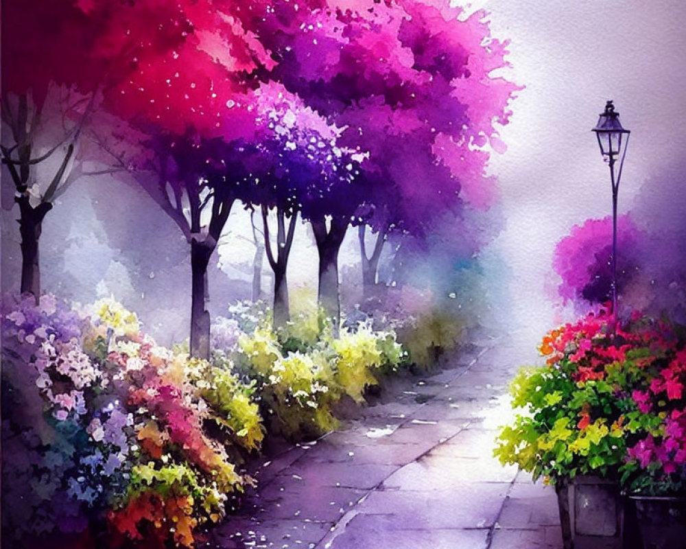Colorful Blooming Trees and Flowers in Misty Watercolor Scene