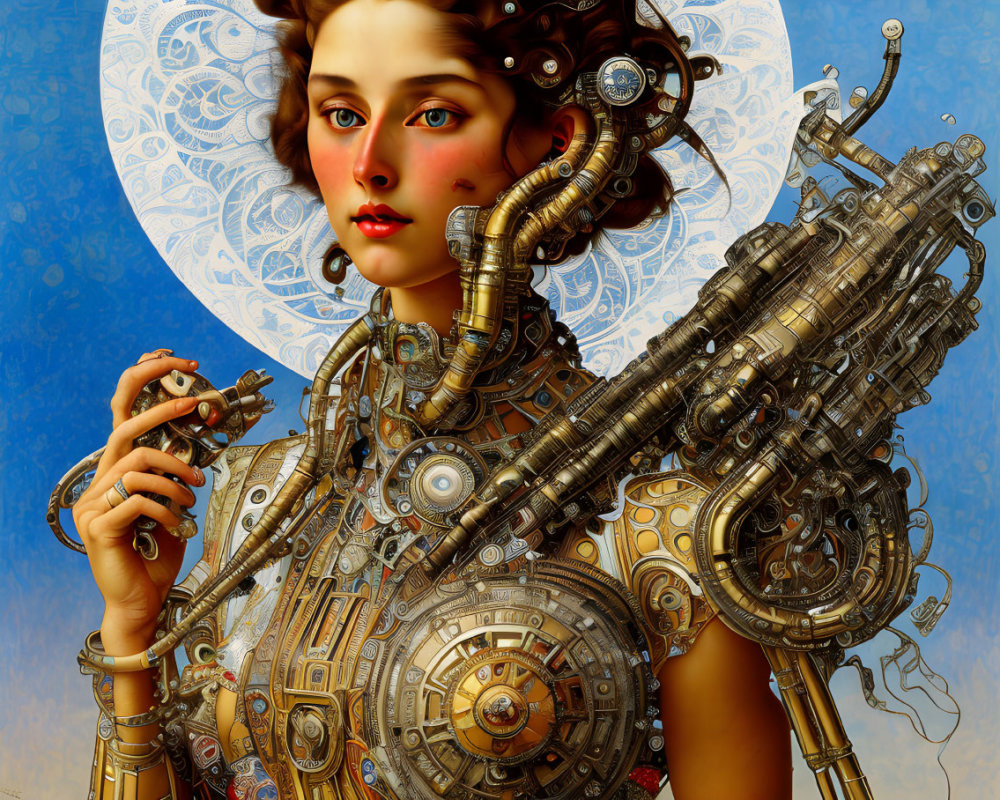 Detailed Illustration: Woman with Steampunk Body Enhancements on Blue Patterned Background