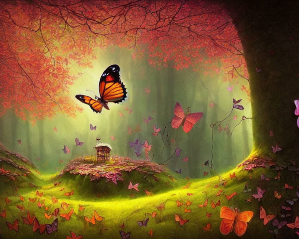 Colorful forest scene with butterflies, hut, and glowing light