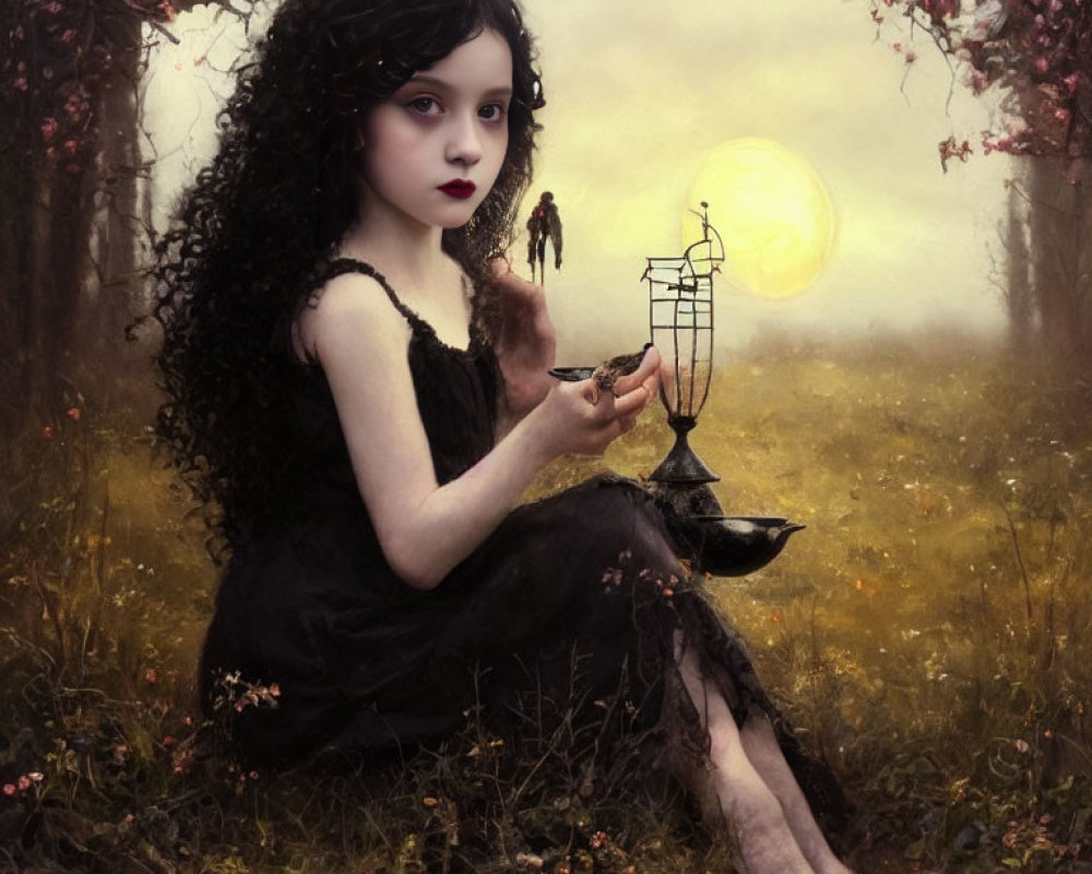 Young gothic girl with black curly hair in misty field holding birdcage at dusk