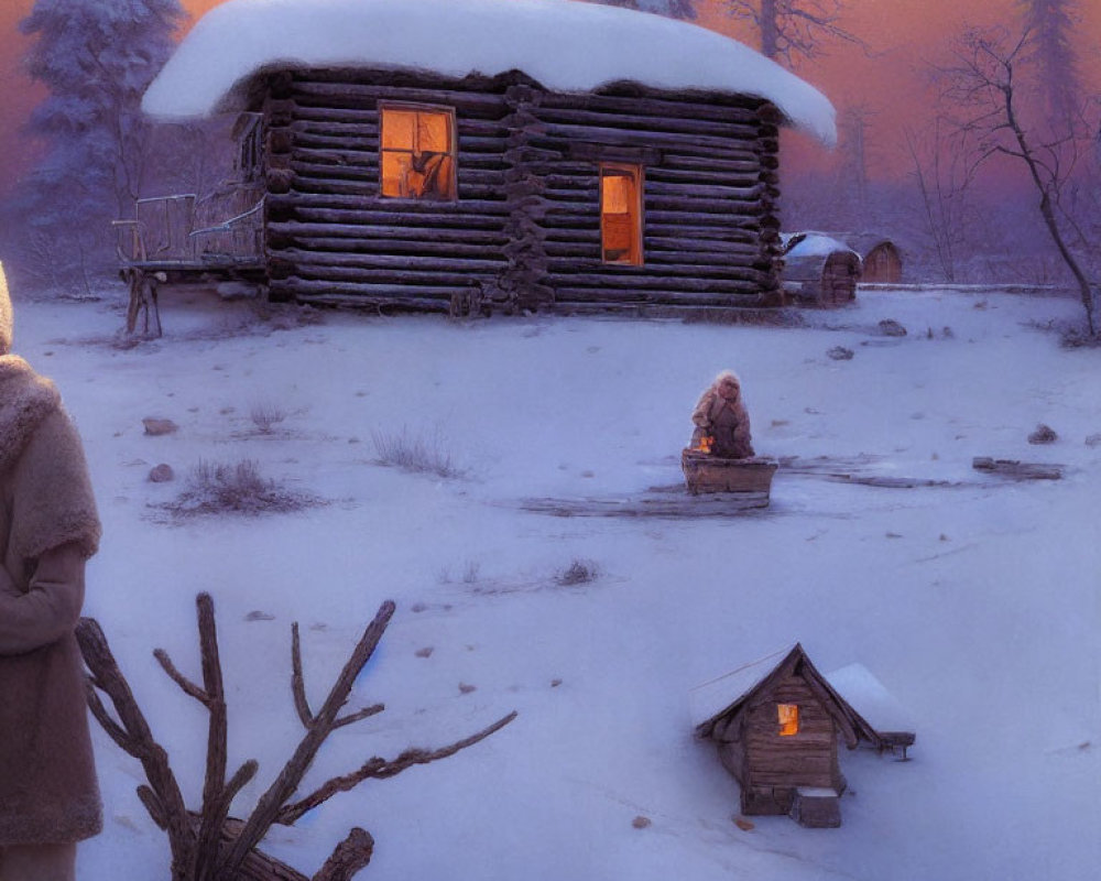 Snowy landscape with cozy illuminated log cabin and sled in dusk